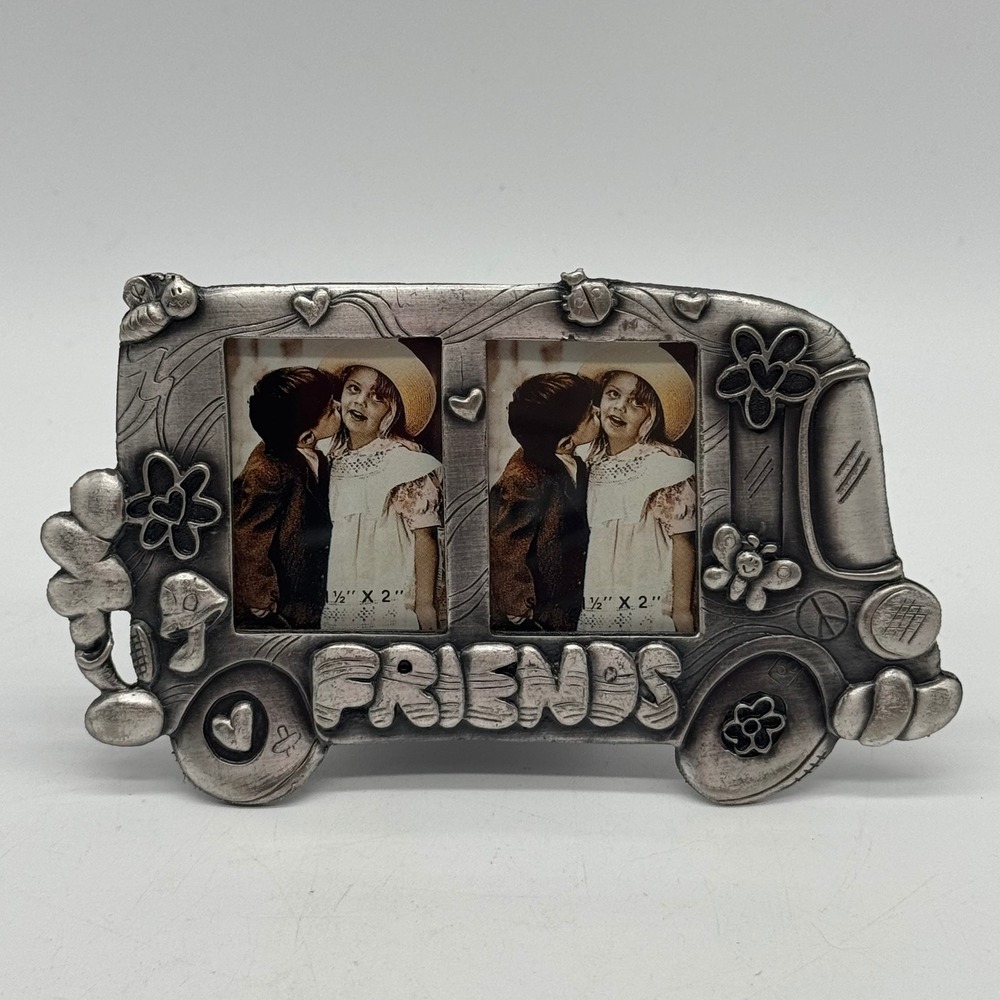 Vintage 1990s Pewter Metal VW Bus Friends Double Mini Photo Picture Frame Retro